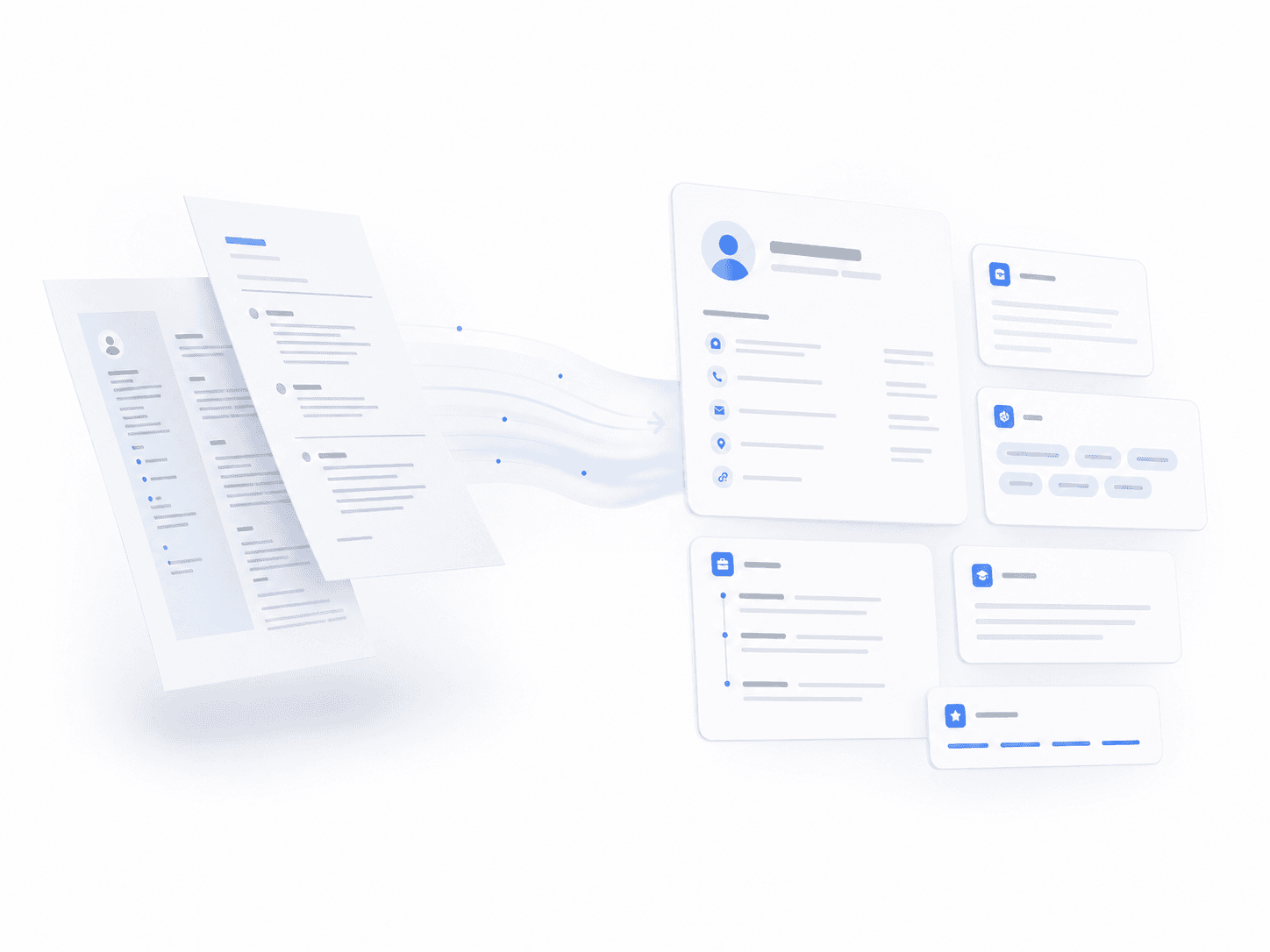JobPop CV parsing visual with resume sheets and structured profile cards
